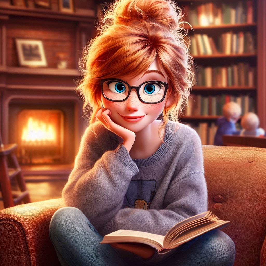 Microsoft Bing-generated image of Emmie Mere. Woman with red hair in a messy bun and wearing glasses sits in arm chair in front of fireplace and bookshelf
